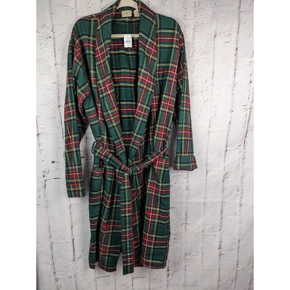 LL Bean Mens Plaid Flannel Robe Green Red Belted Cotton Sleepwear Large L-REG